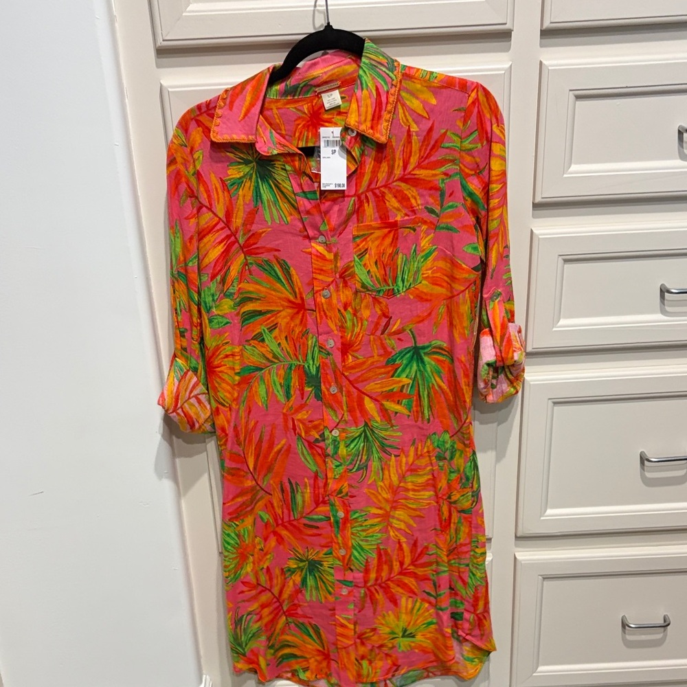 Magaschoni Pink Tropical Print Midi Dress with Green & Orange Leaves